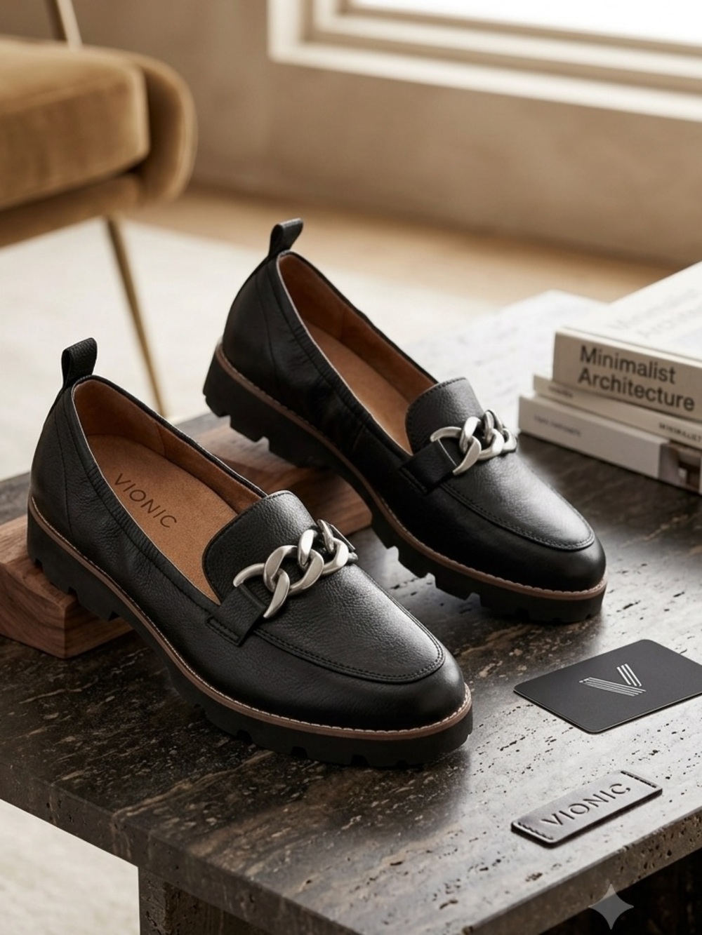 Vionic Cynthia Lug Sole Chain Loafers – Black Leather